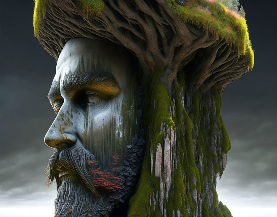 Face blended with tree: Moss, grass, branches as hair, against moody sky