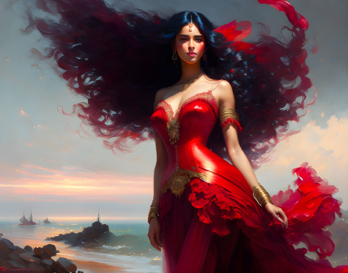 Dark-haired woman in red attire by the sea with ships: Elegant and powerful.