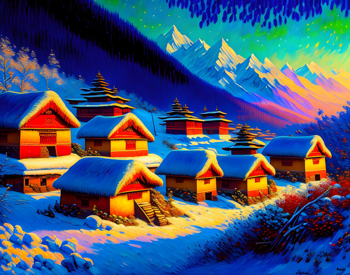 Traditional Thatched Roof Houses in Snowy Twilight with Aurora Sky