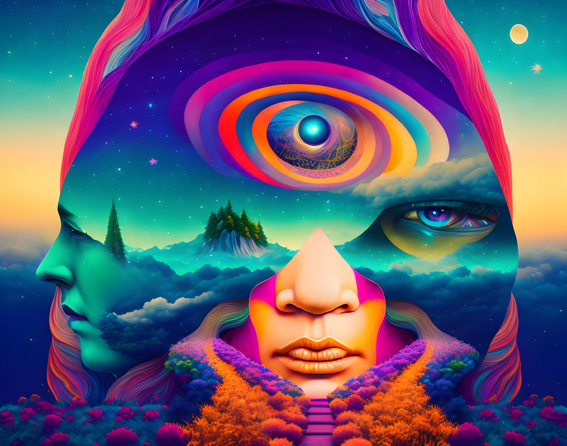 Vibrant surreal face with cosmic landscapes and nature motifs