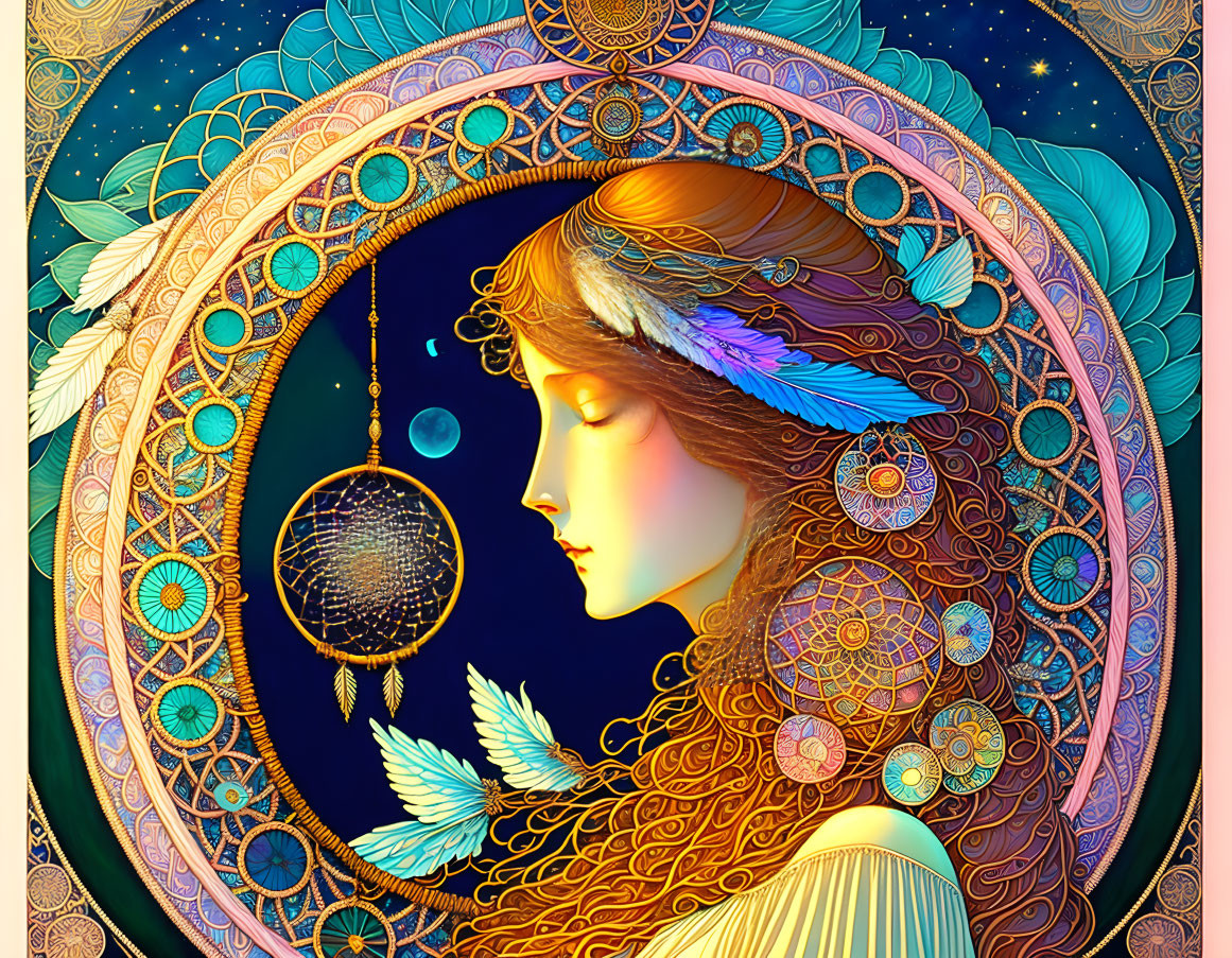 Vibrant profile portrait with intricate patterns and celestial elements