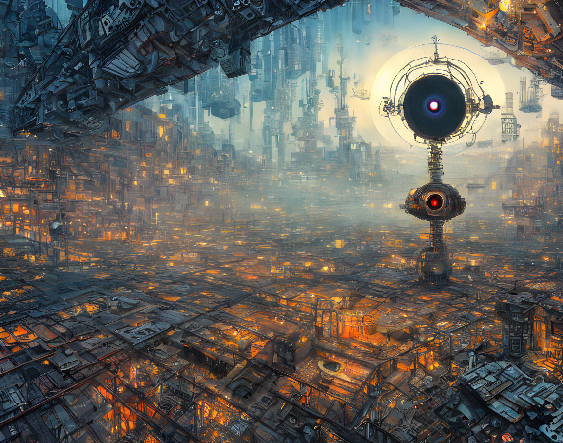 Futuristic cityscape with towering structures and robotic eye surveillance