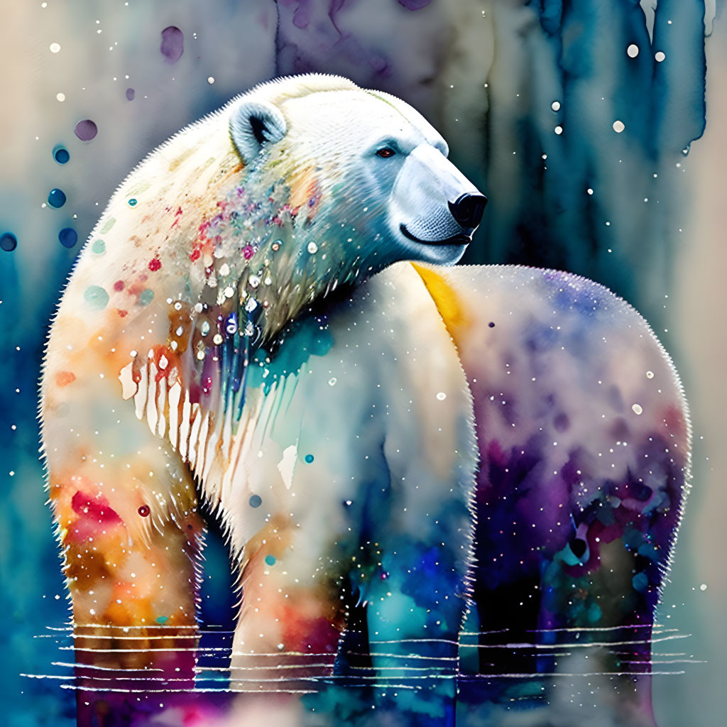 Colorful Watercolor Style Polar Bear Illustration on Blue Background