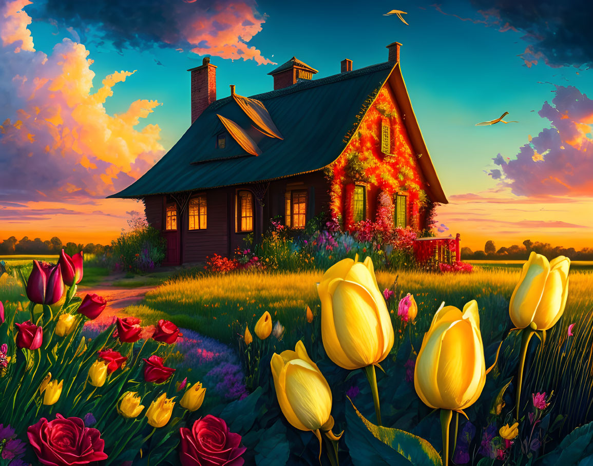 Ivy-covered house at sunset with tulips and birds