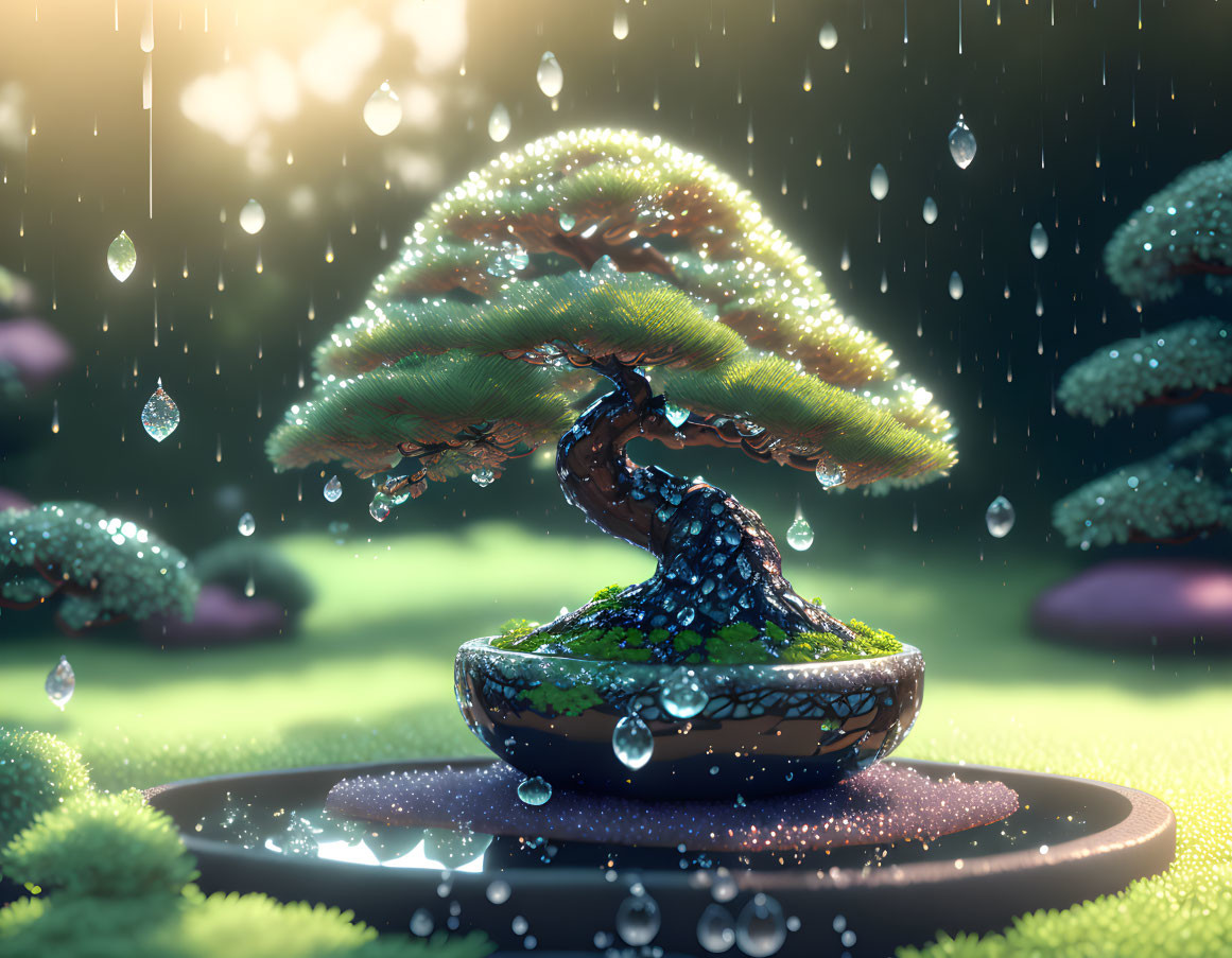 Lush green bonsai tree in rain-soaked garden setting