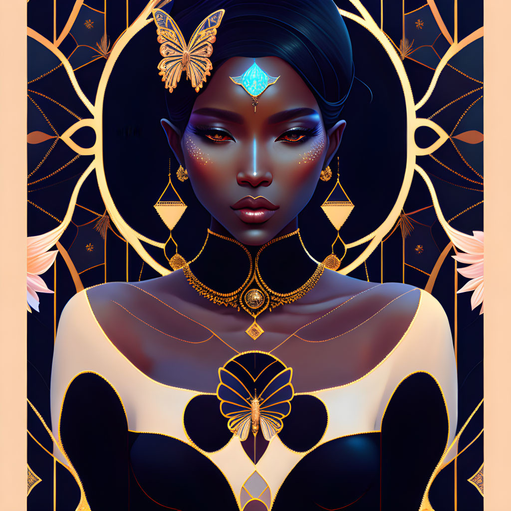 Dark-skinned woman in gold jewelry with blue gem, surrounded by mystical golden design and butterflies.