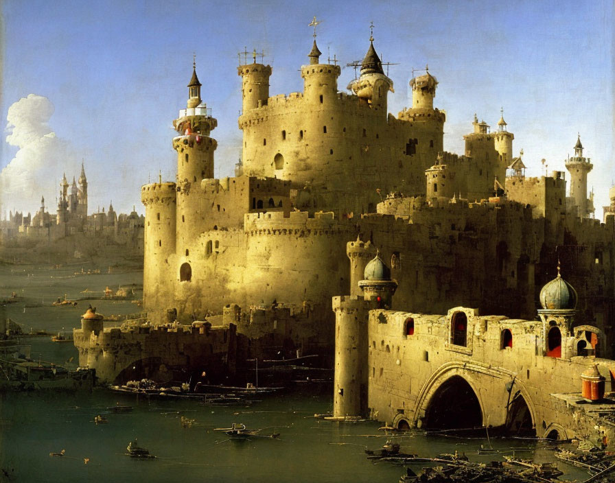 Fantastical castle oil painting by water and cityscape.