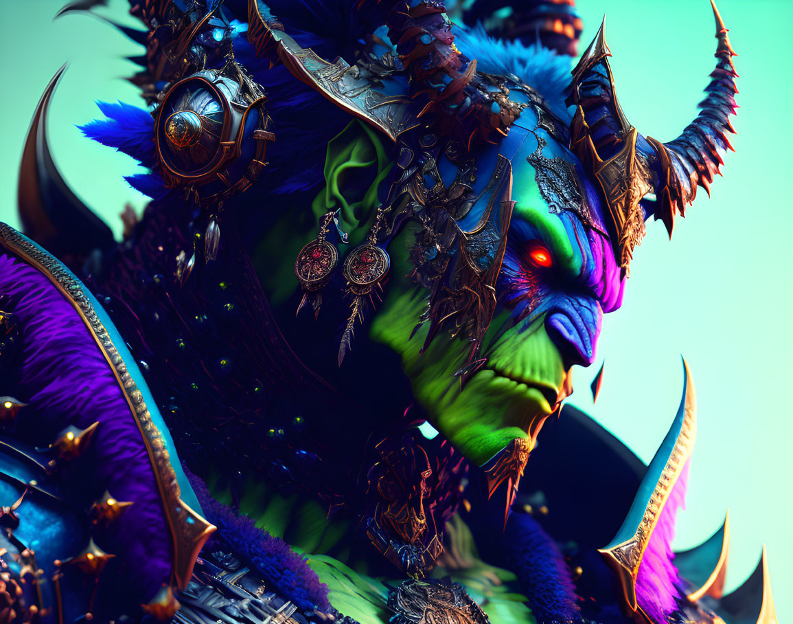 Green-skinned orc in detailed armor with purple warpaint and red eyes.