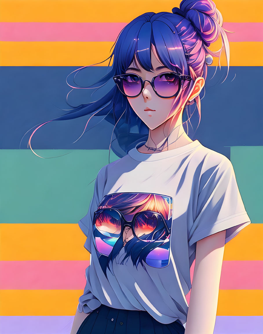 Stylized anime girl with blue hair and glasses on striped background wearing reflective sunglasses print.