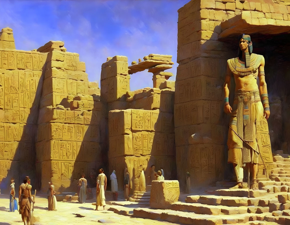 Ancient Egyptian ruins with pharaoh statue and hieroglyph pillars