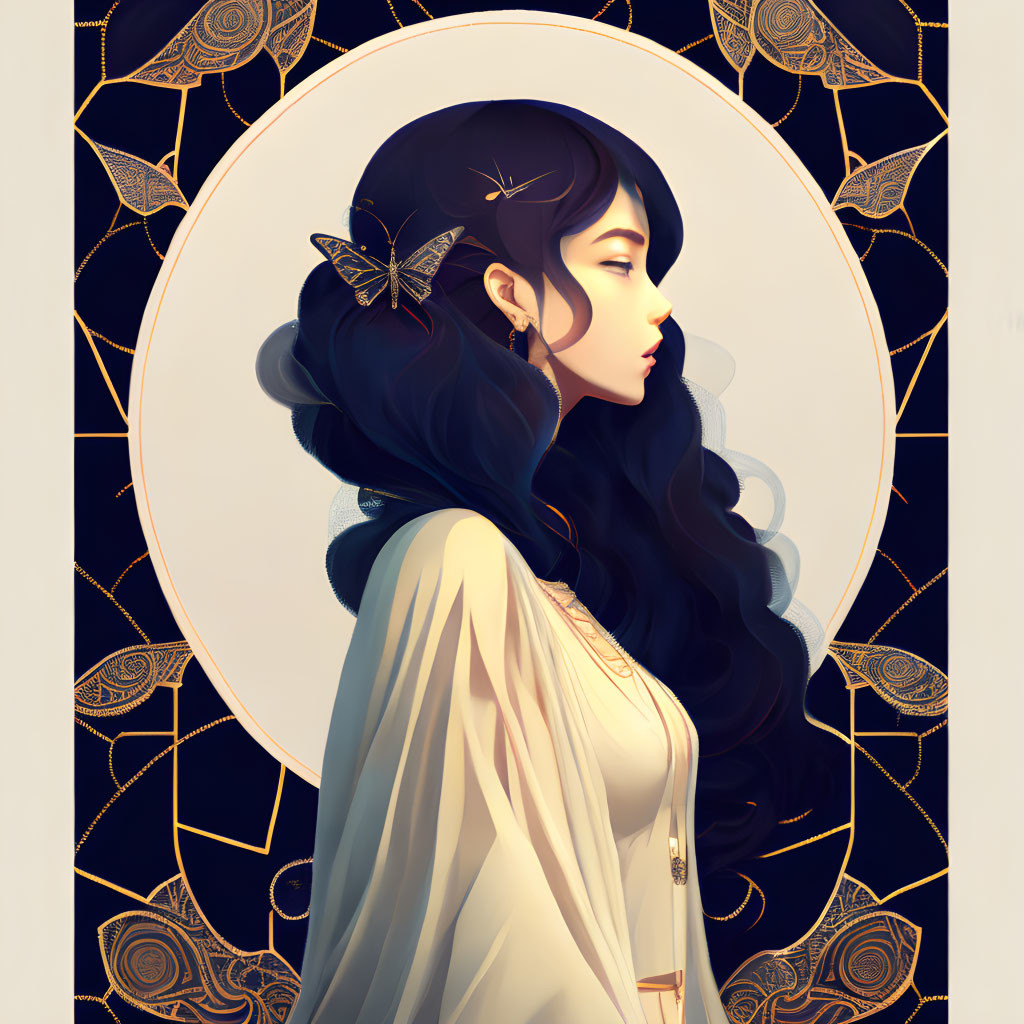 Stylized illustration of woman with long black hair in white dress against circular golden pattern backdrop.