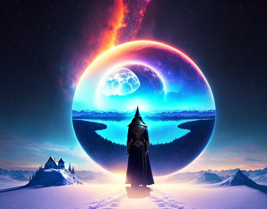 Cloaked Figure in Surreal Landscape with Giant Moon