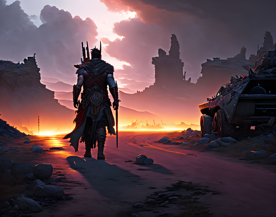 Armored warrior walking on barren landscape at sunset.