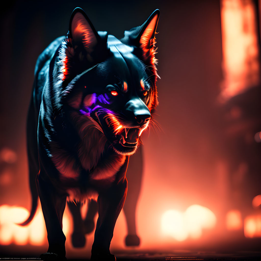 Black Dog with Red and Blue Sheen in Moody Atmosphere