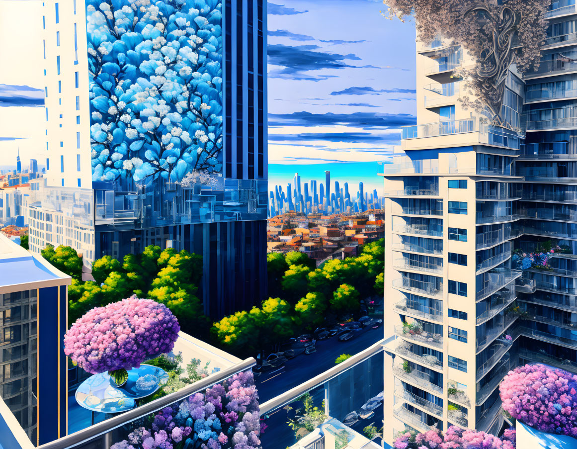 Colorful cityscape with floral balconies, mirrored skyscrapers, and urban street.