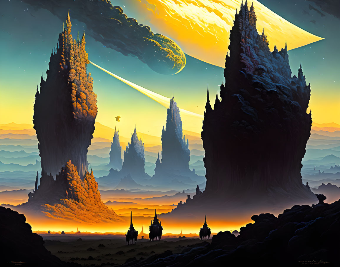 Majestic rock formations and glowing horizon with silhouetted figures and ringed planets.