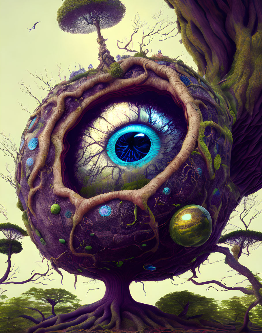 Surreal artwork: Giant tree root eye in mystical forest