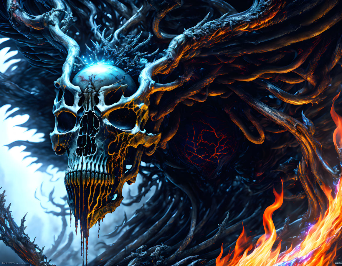 Surreal artwork of skull engulfed in blue flames with intricate branches