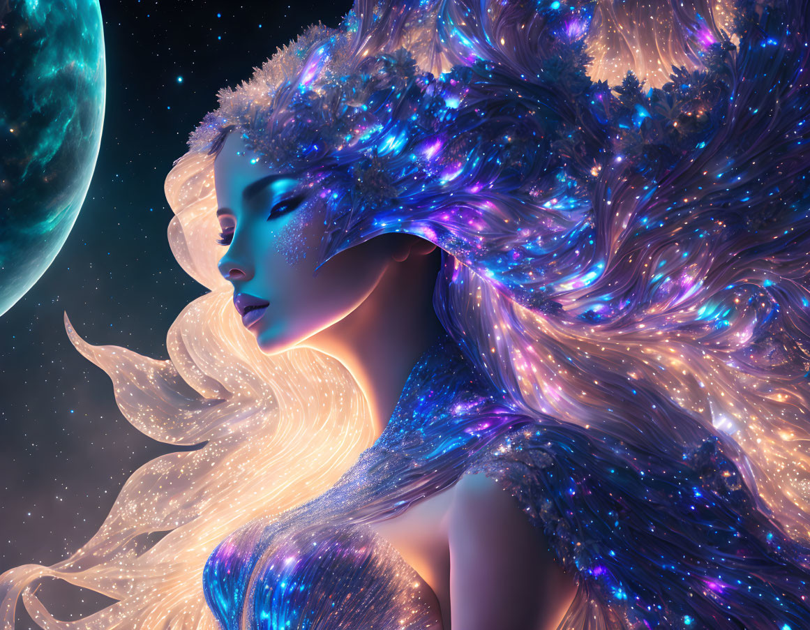 Celestial woman with star-infused hair and moon backdrop