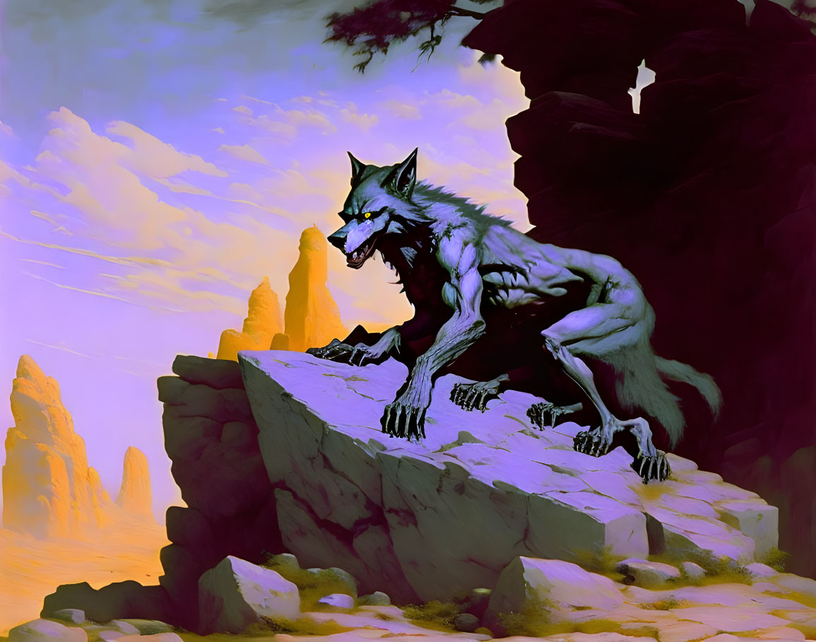 Exaggerated features of a snarling wolf against rocky outcrop and dramatic sky