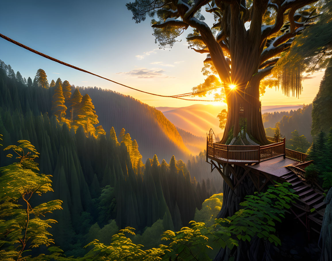 Tranquil sunset view from tree platform over lush forest