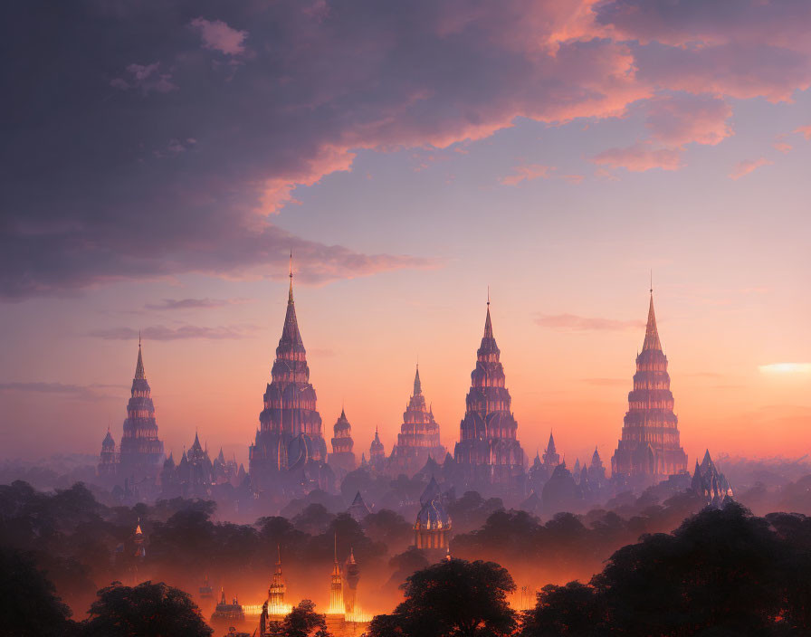 Ancient temple spires at dawn with silhouetted trees