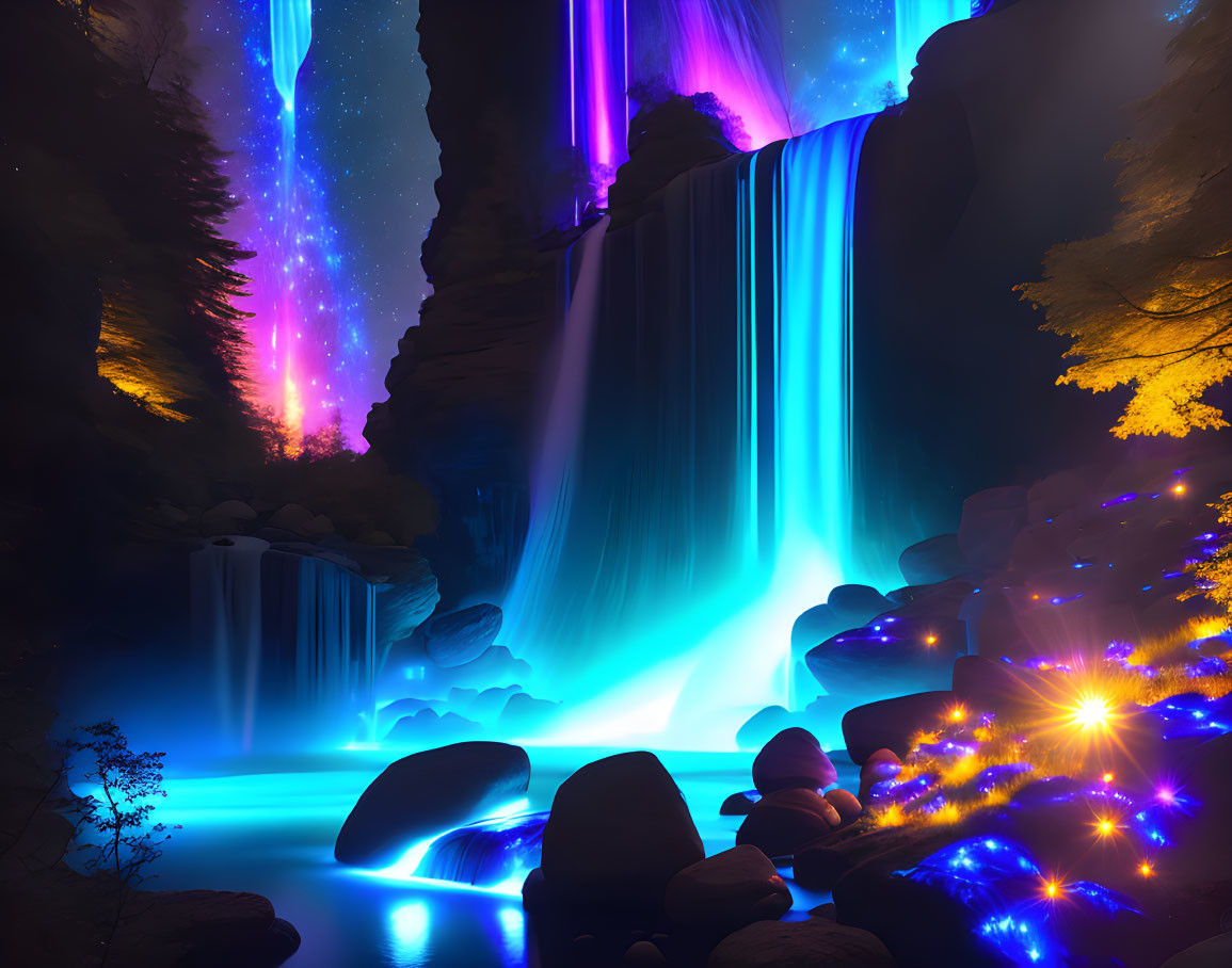 Enchanting night landscape with radiant waterfalls in mystical forest under starry sky.