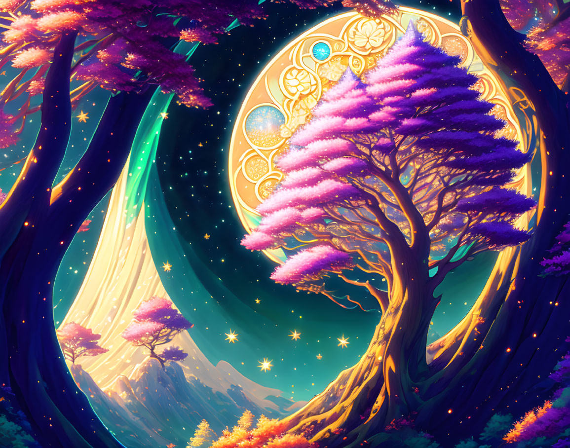 Fantasy landscape with purple trees under ornate moon