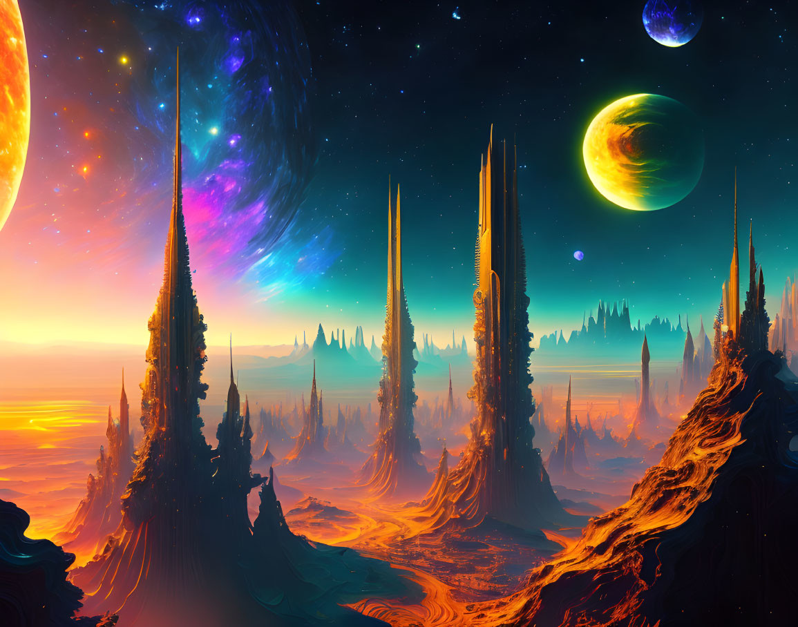 Colorful alien landscape with spires, lava, planets, and nebula