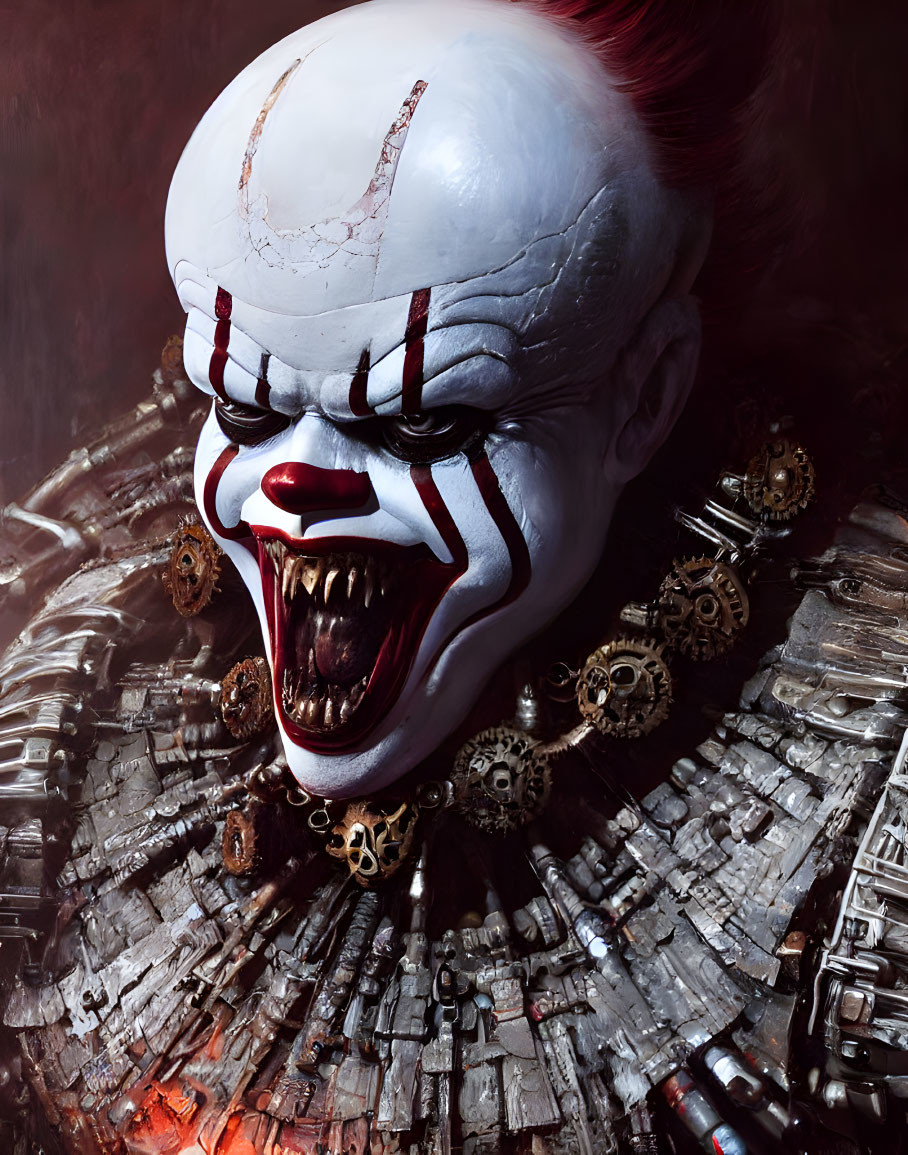 Sinister clown with mechanical elements and sharp teeth