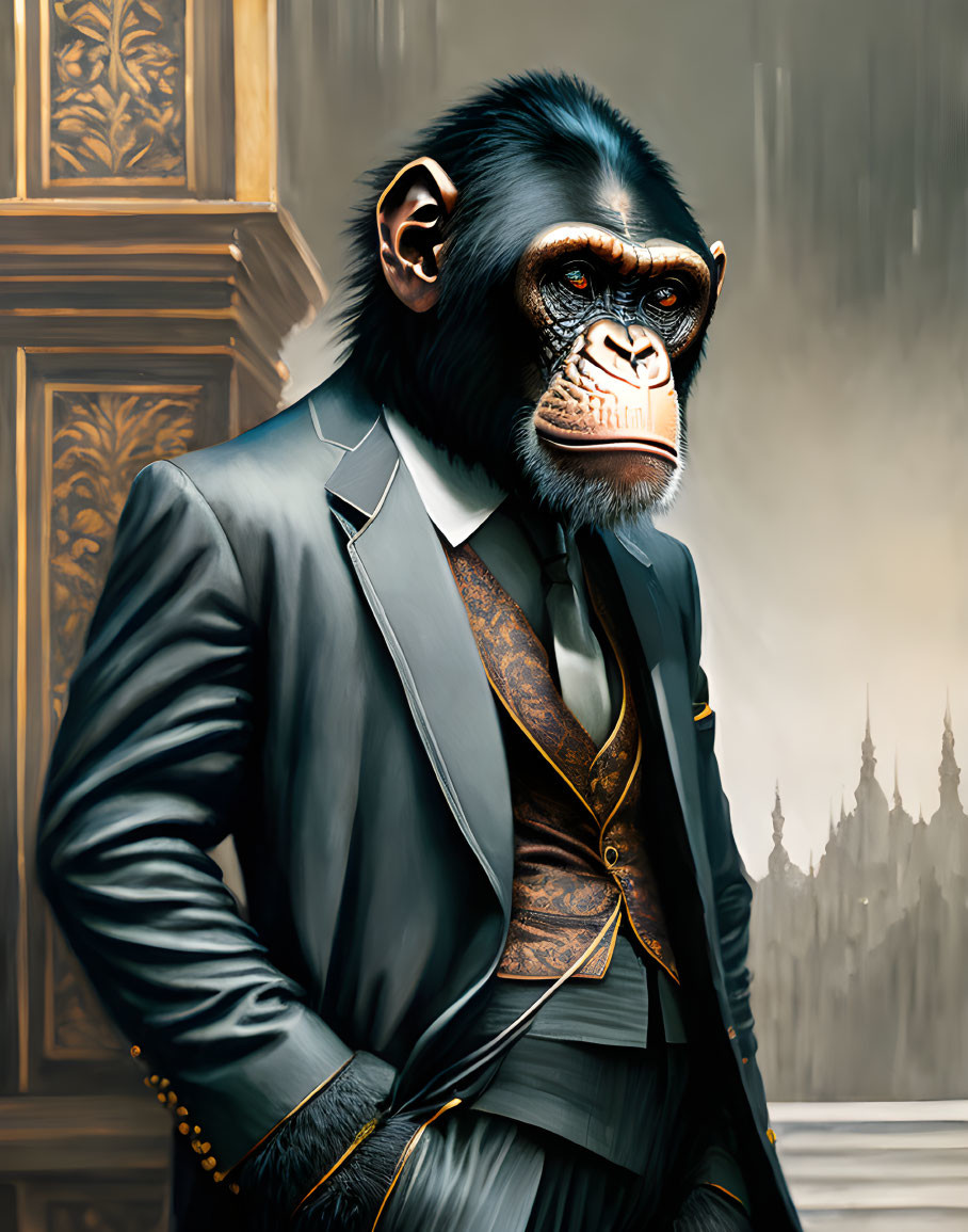 Chimpanzee in sophisticated attire against elegant backdrop