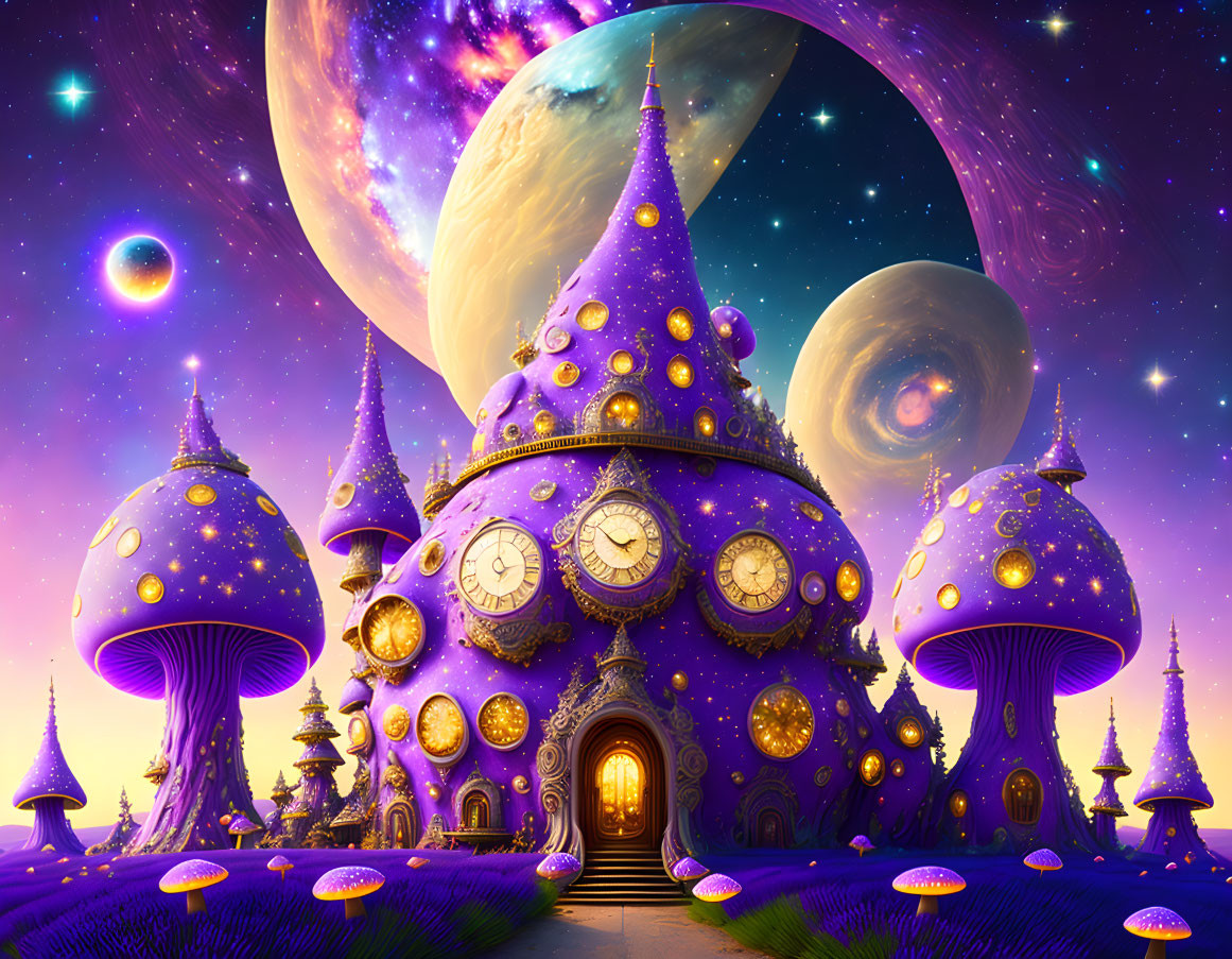 Fantasy landscape: Purple mushroom houses, celestial bodies, violet sky