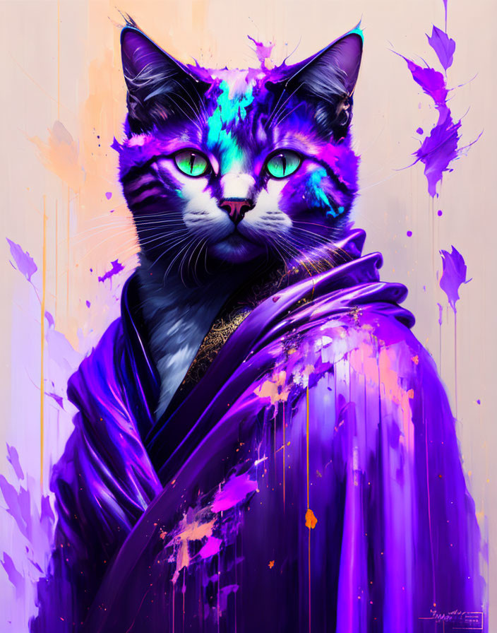 Colorful cat digital art: cosmic pattern, neon blues & greens, purple cloak