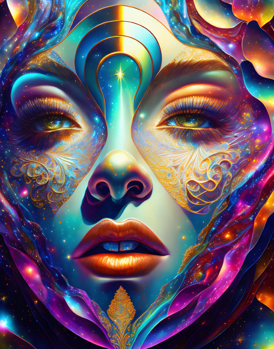 Symmetrical cosmic-inspired digital artwork of a female face with gold patterns against space backdrop