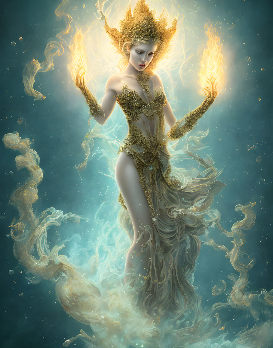 Golden-crowned figure in mystical illuminated space