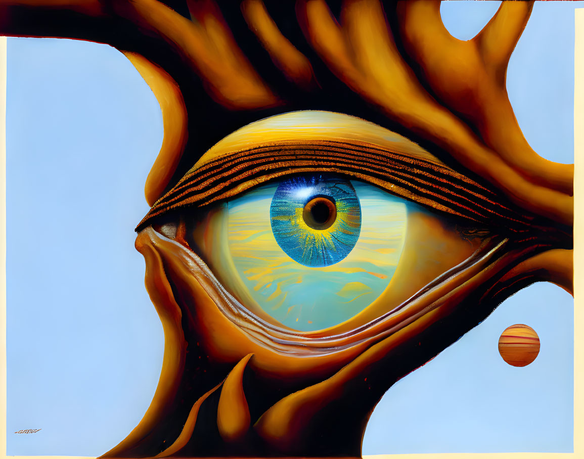 Surreal painting featuring stylized eye with vivid blue iris and reflective landscape.