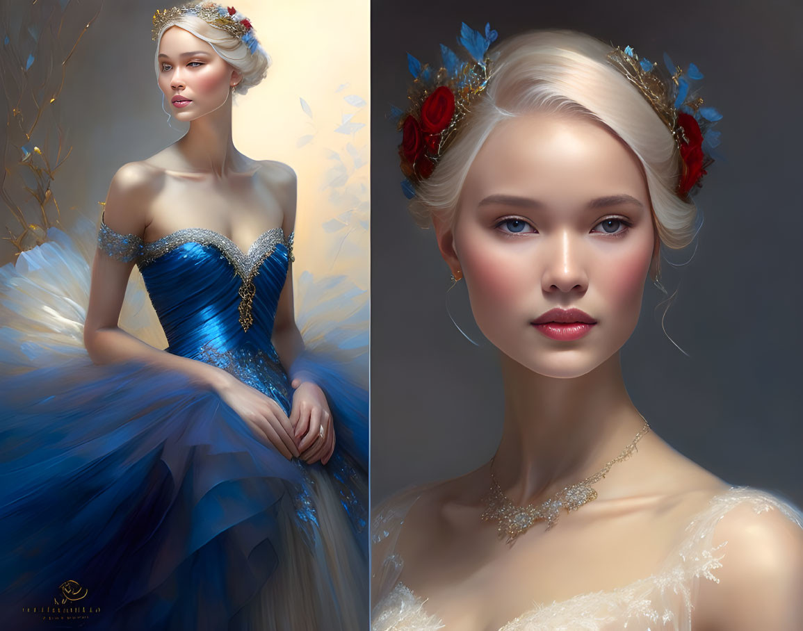 Illustrated Woman in Blue Gown with Tiara and Red Flowers