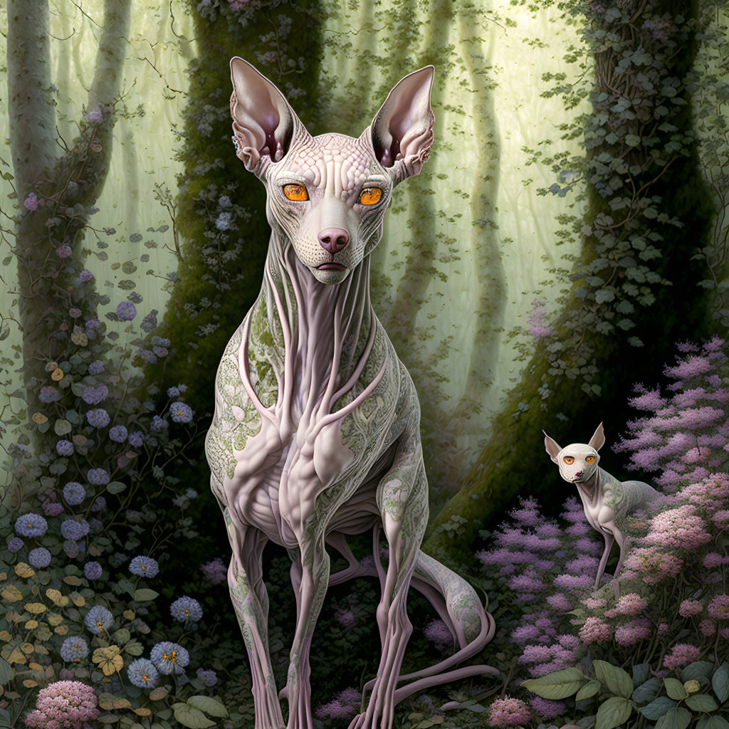 Stylized image: Hairless dogs with intricate skin patterns in mystical forest