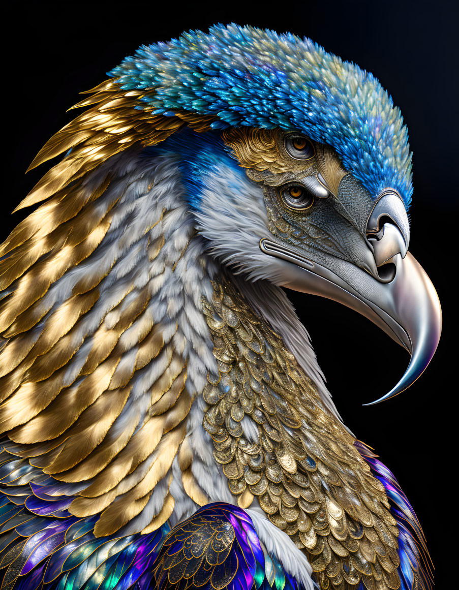 Detailed Mythical Eagle Digital Artwork with Blue, Golden, and Iridescent Feathers