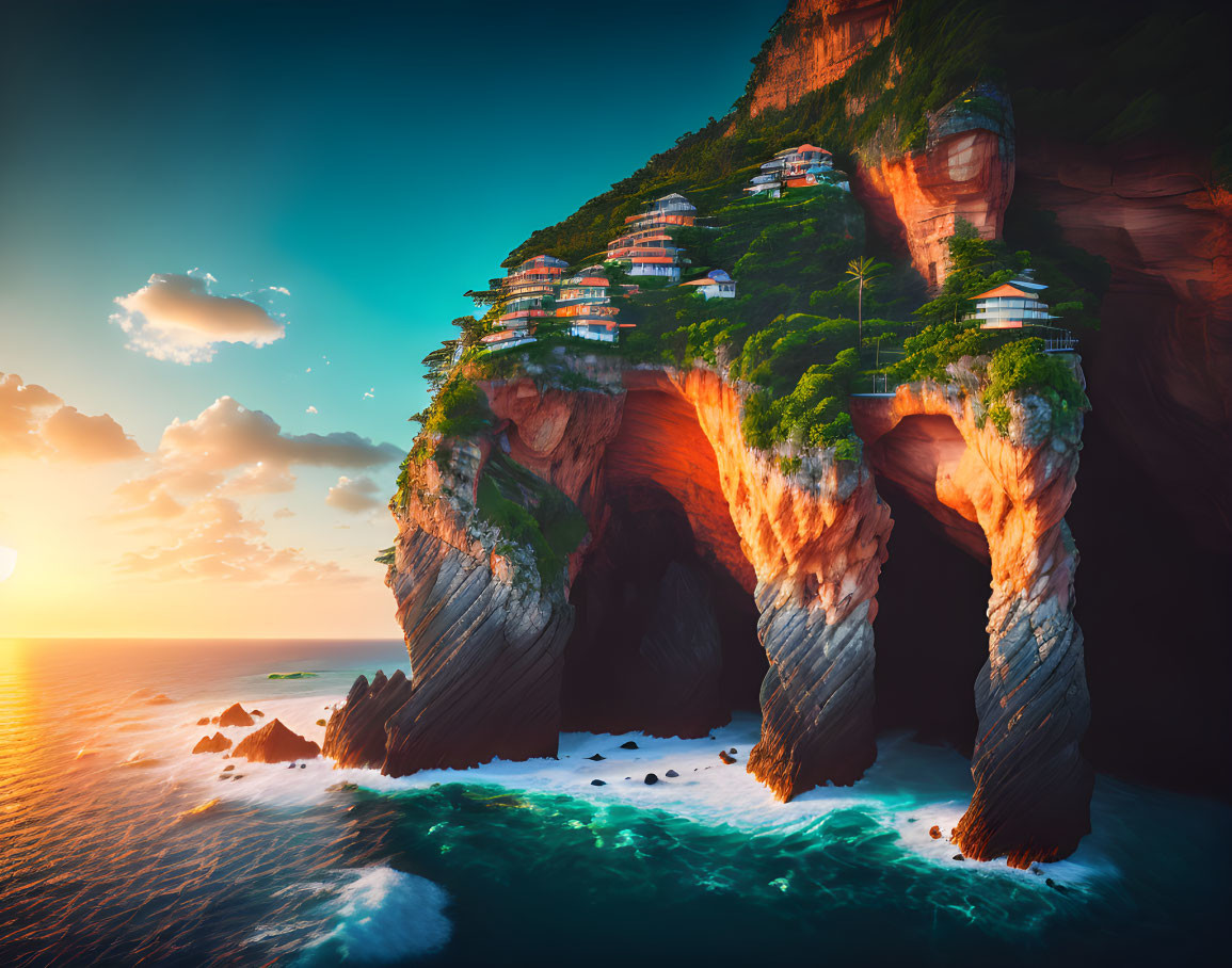 Majestic seaside cliff with towering rock formations and lush greenery under vibrant sunset sky