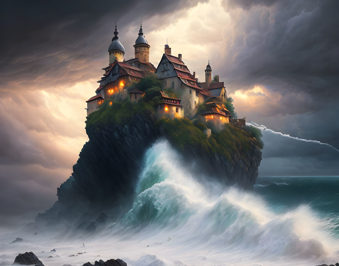 Majestic castle on cliff with stormy sky and crashing waves