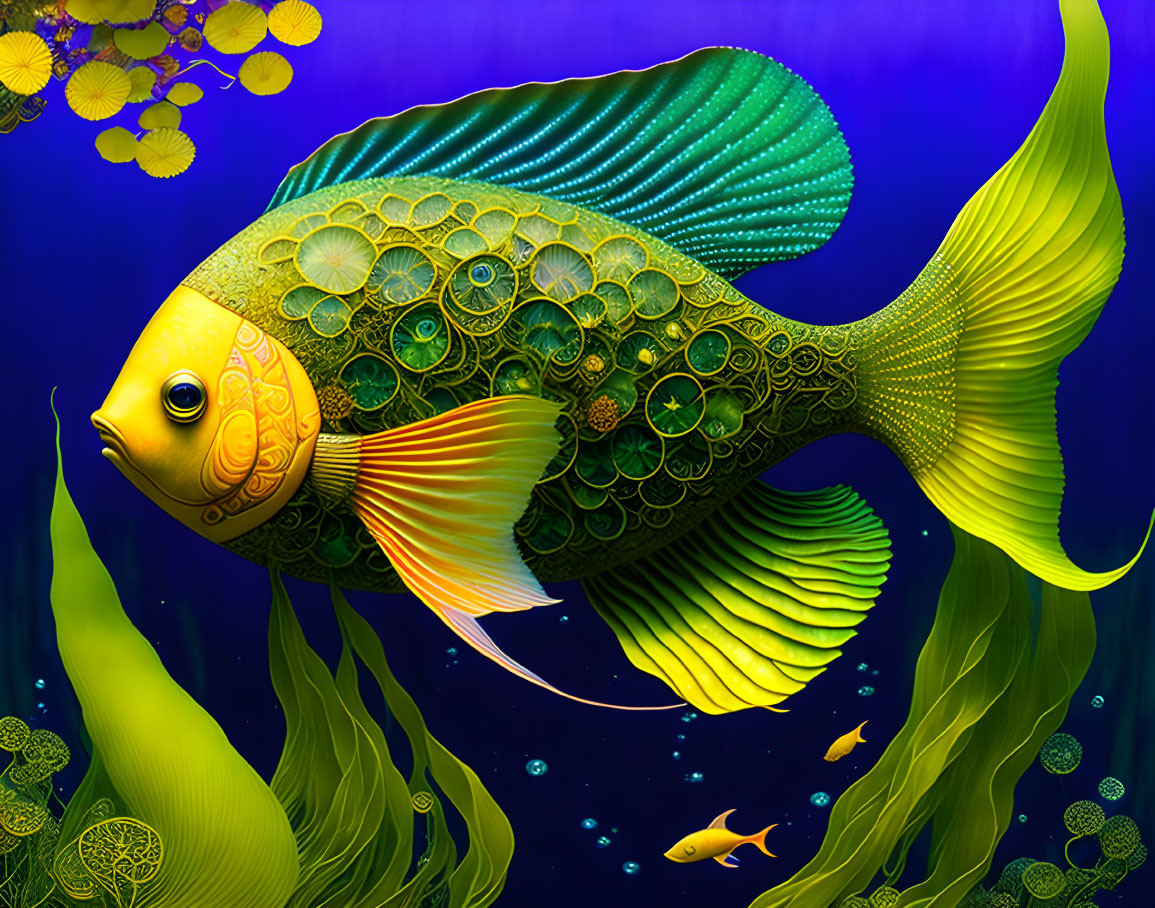 Colorful digital artwork: Golden fish with intricate patterns in underwater scene