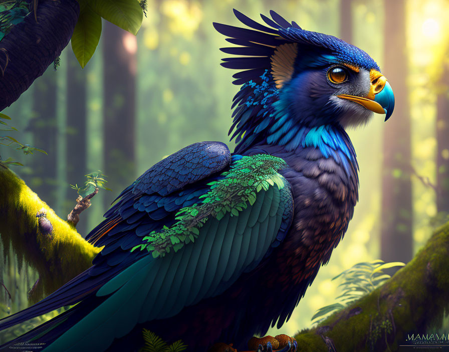 Colorful fantastical bird with blue and green feathers in a sunlit forest