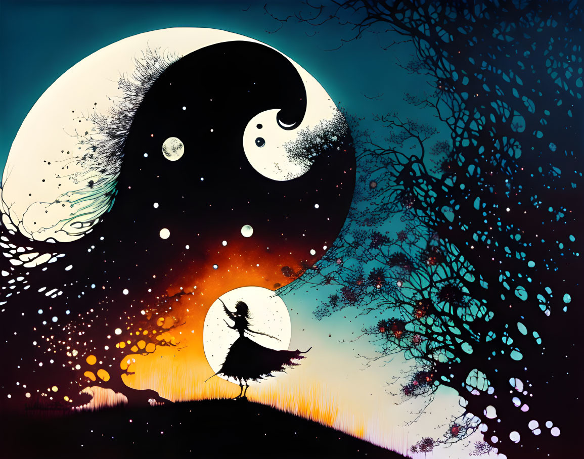 Vivid sunset colors silhouette girl twirling under yin-yang moon