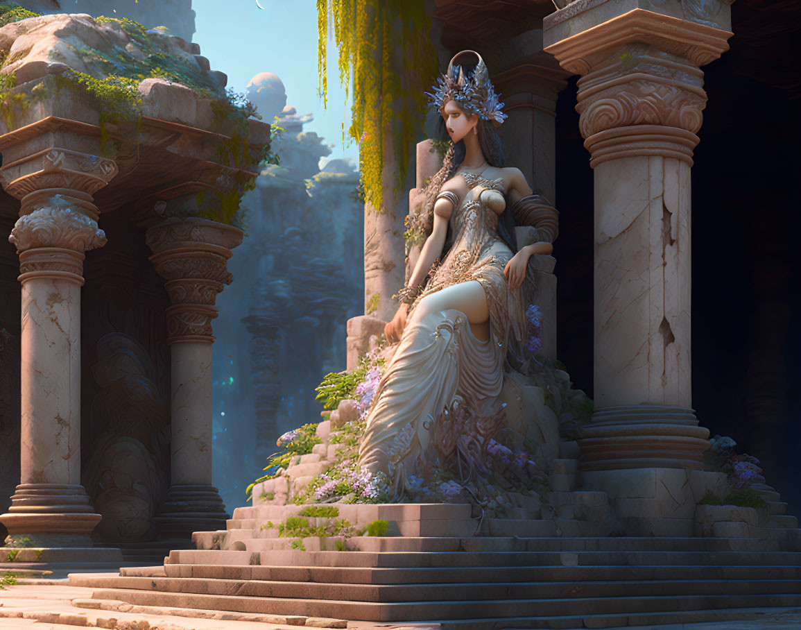 Intricate woman statue among ancient ruins with vibrant flora