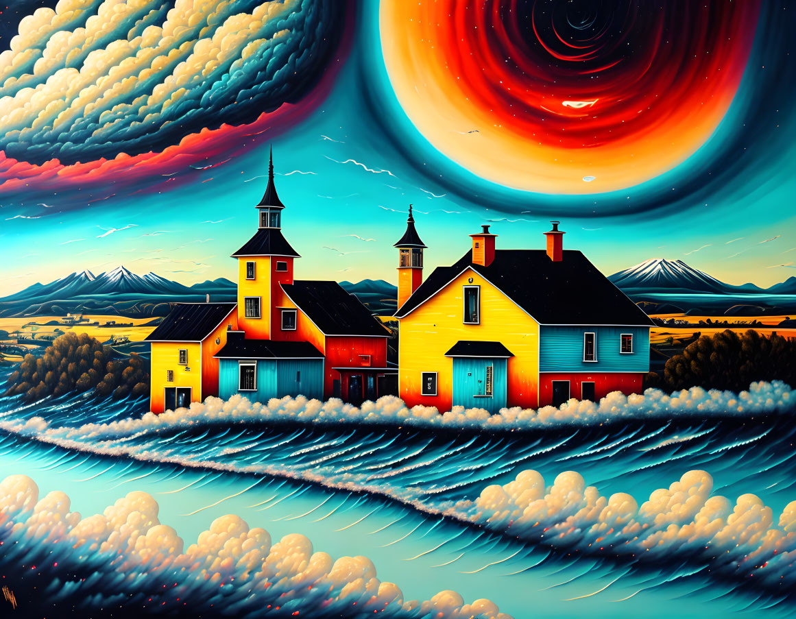 Colorful surreal landscape with red and yellow houses, swirling vortex, and mountains.