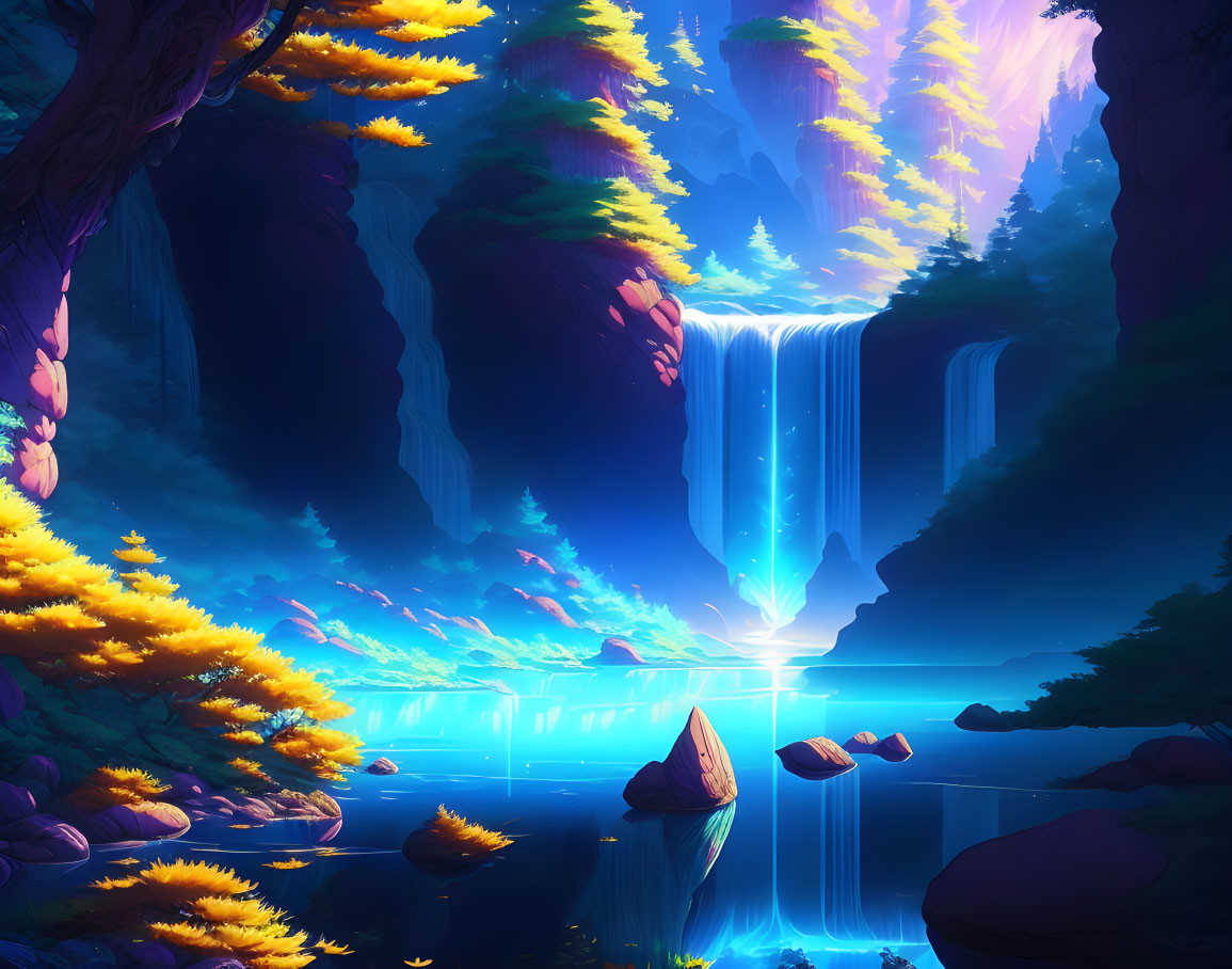 Surreal landscape with glowing waterfall and vibrant foliage