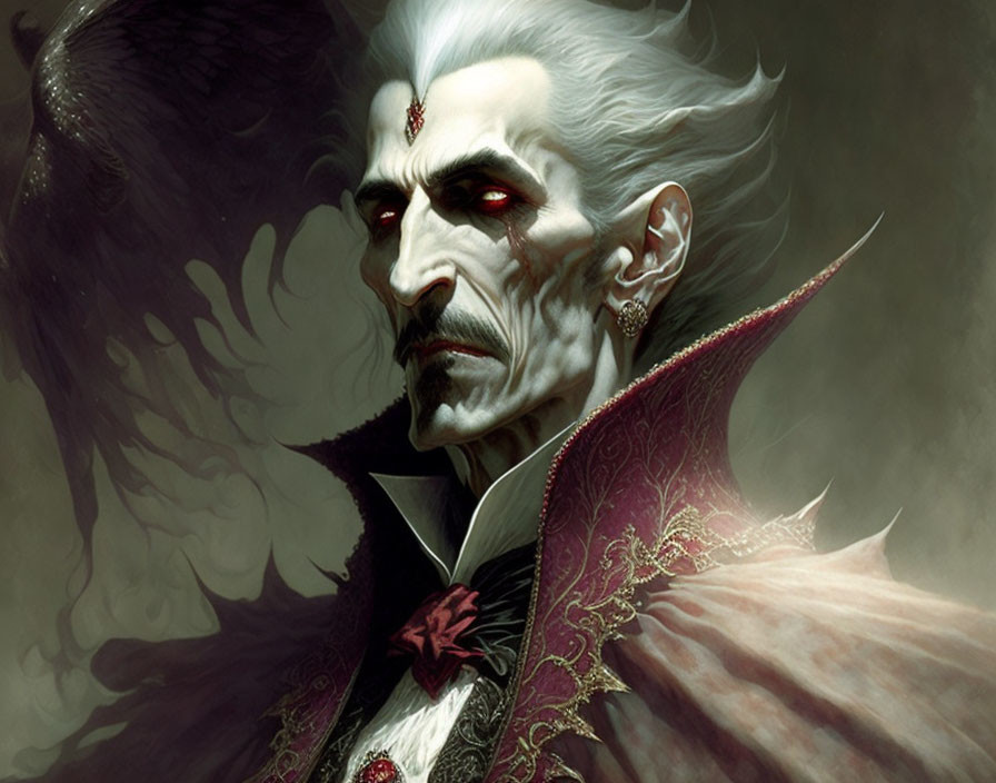 Illustrated vampire with sharp features and elegant attire in a shadowy setting