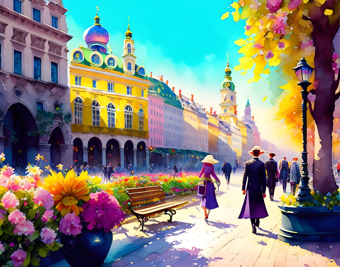 Vibrant cityscape: busy street, yellow trees, ornate domes, blue sky