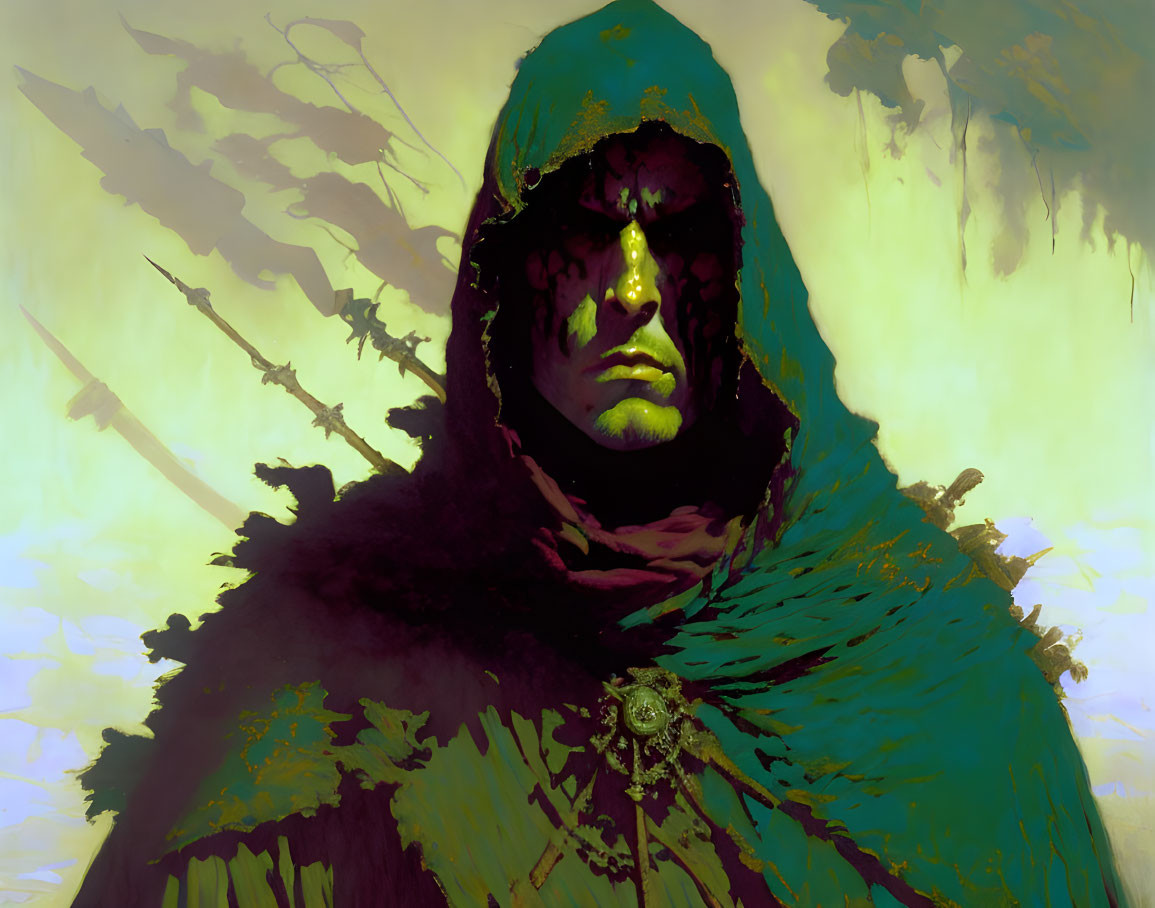 Brooding figure in green cloak with hood and mysterious medallion on abstract yellow backdrop